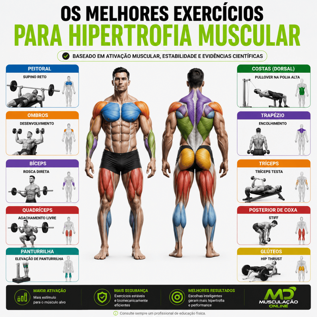 Atlas dos melhores exercícios de musculação para hipertrofia muscular por grupo muscular