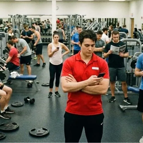 Homem na academia olhando o celular
