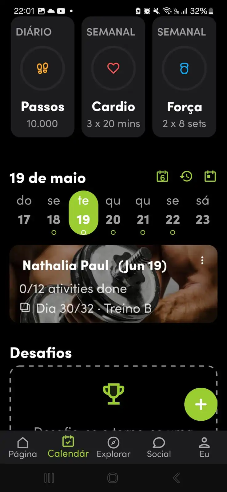 Tela com a listagem dos dias de treino disponíveis