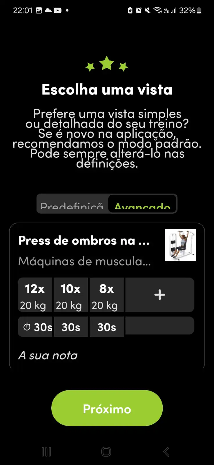 Tela de seleção da interface Advanced no aplicativo