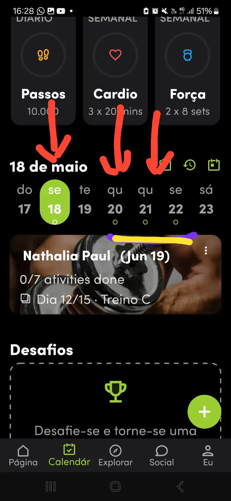 Indicação de como navegar pelos dias da semana e encontrar os outros treinos no aplicativo