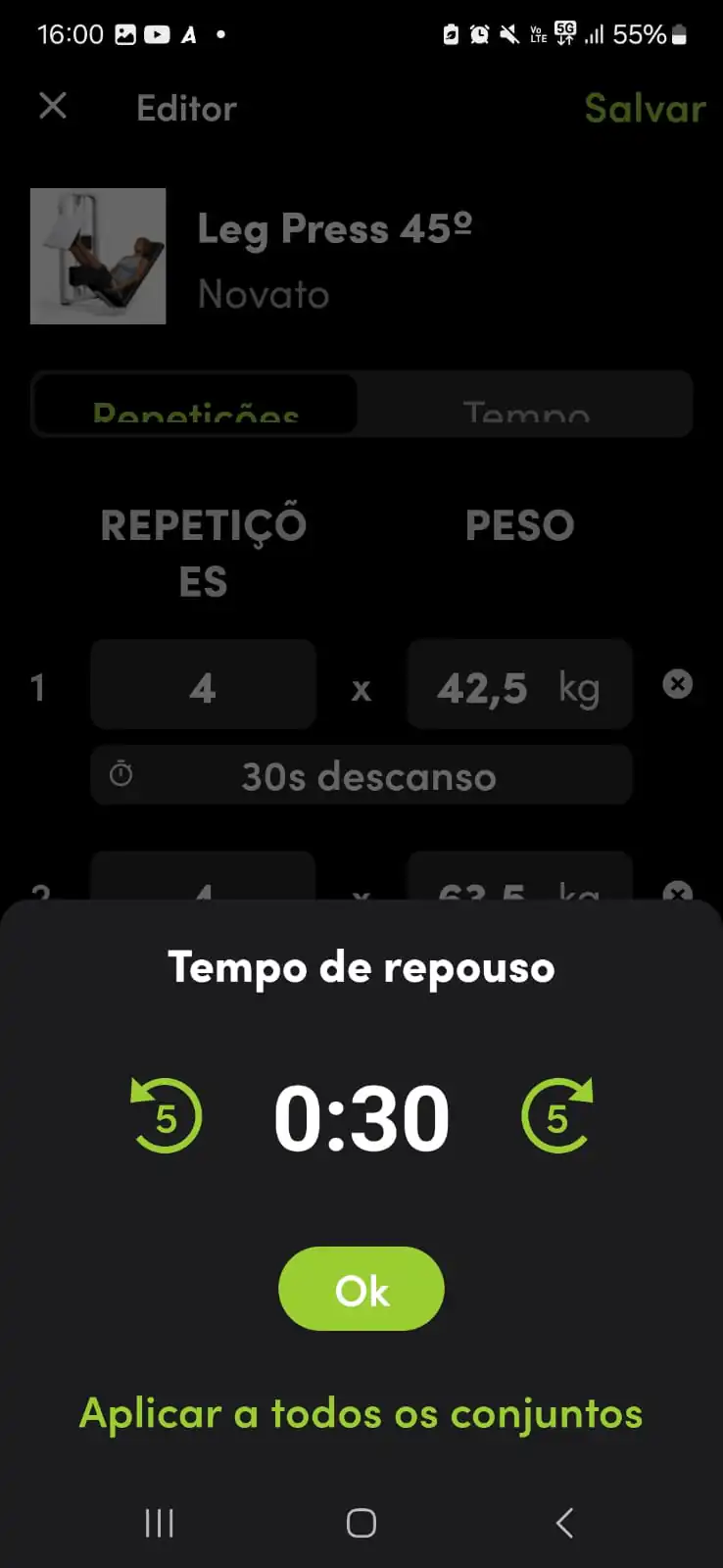 Visualização do tempo padrão de descanso no aplicativo