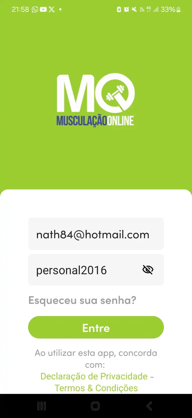 Tela de login do aplicativo