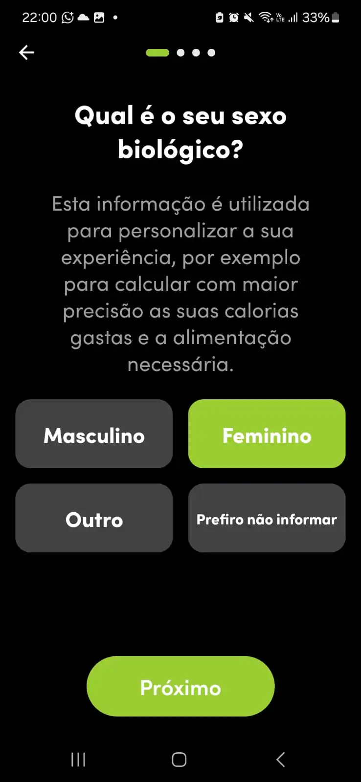 Tela de preenchimento de dados iniciais do perfil