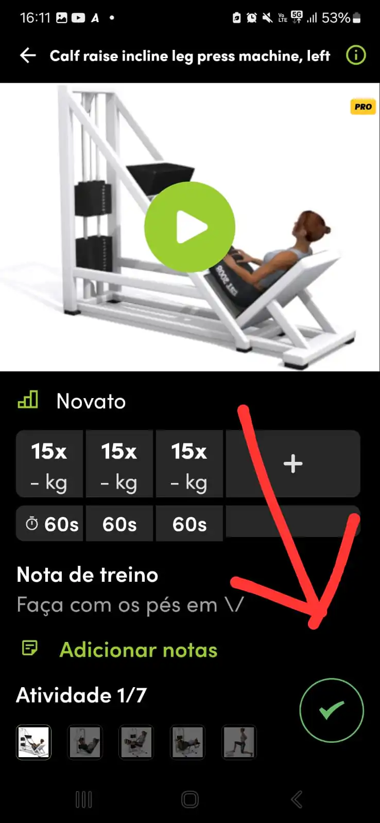 Botão redondo com o check verde para concluir o exercício inteiro