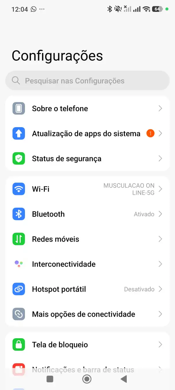 Tela de Configurações do Xiaomi
