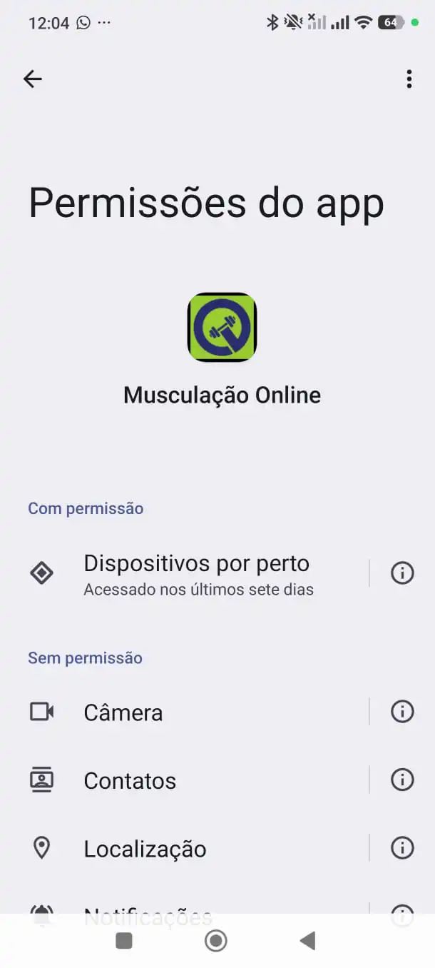 Permissões do app Musculação Online